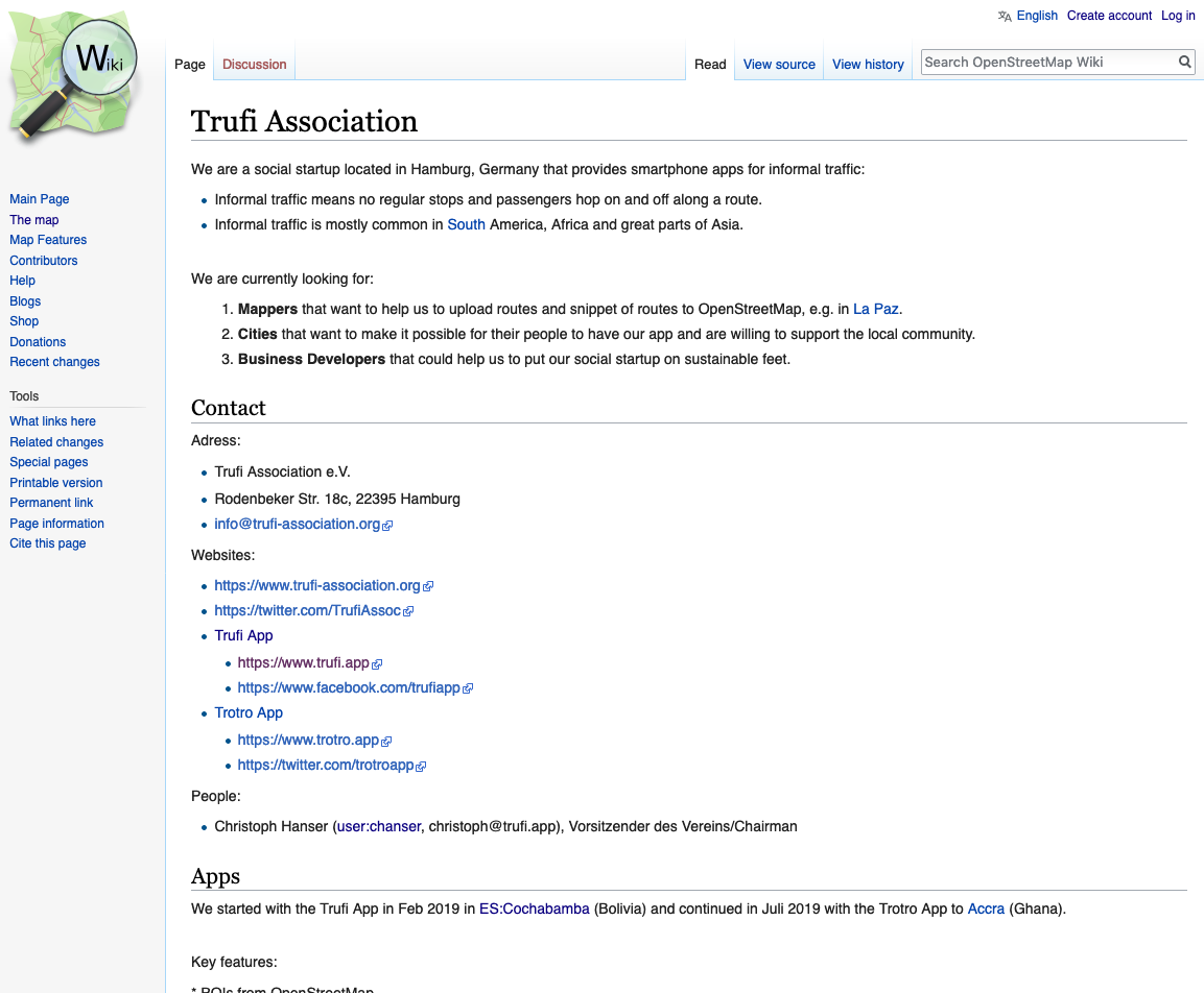 OpenStreetMap Wiki Page - Trufi Association