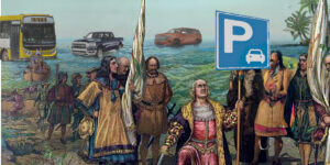 Columbus planting the parking sign