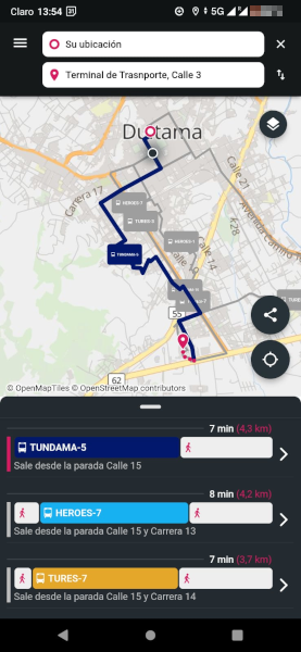 Screenshot: BusBoy app directions to the inter-city bus terminal in Duitama, Colombia.