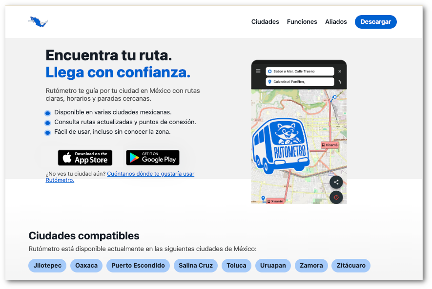 A screenshot of the Rutómetro websute, which provides clear routes, schedules, and nearby stops for public transportation in various Mexican cities. The image shows the app’s availability on the App Store and Google Play, a map interface with a bus icon, and a list of compatible cities such as Jilotepec, Oaxaca, Puerto Escondido, and others.