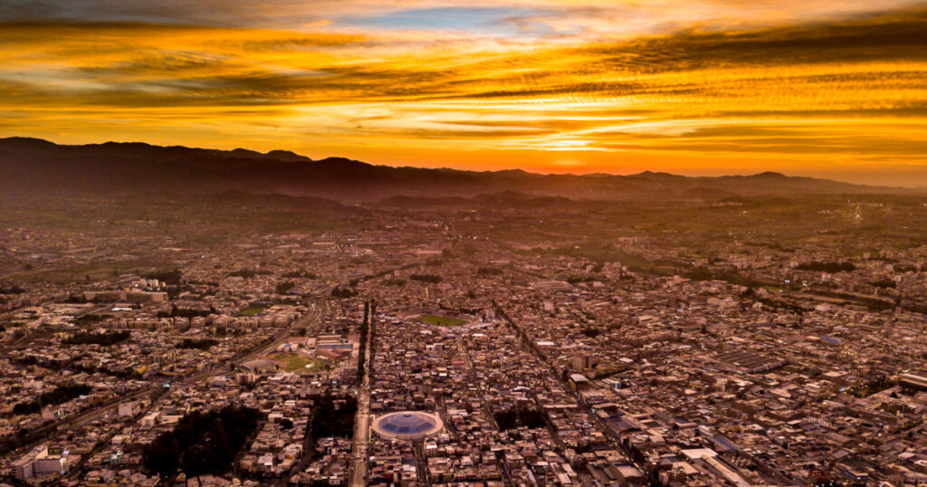 Drone shot of Arequipa, Peru at sunset