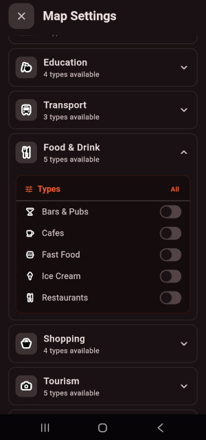 The map layers menu of the Trufi App, showing Education, Transport, Food & Drink, Shopping, and Tourism